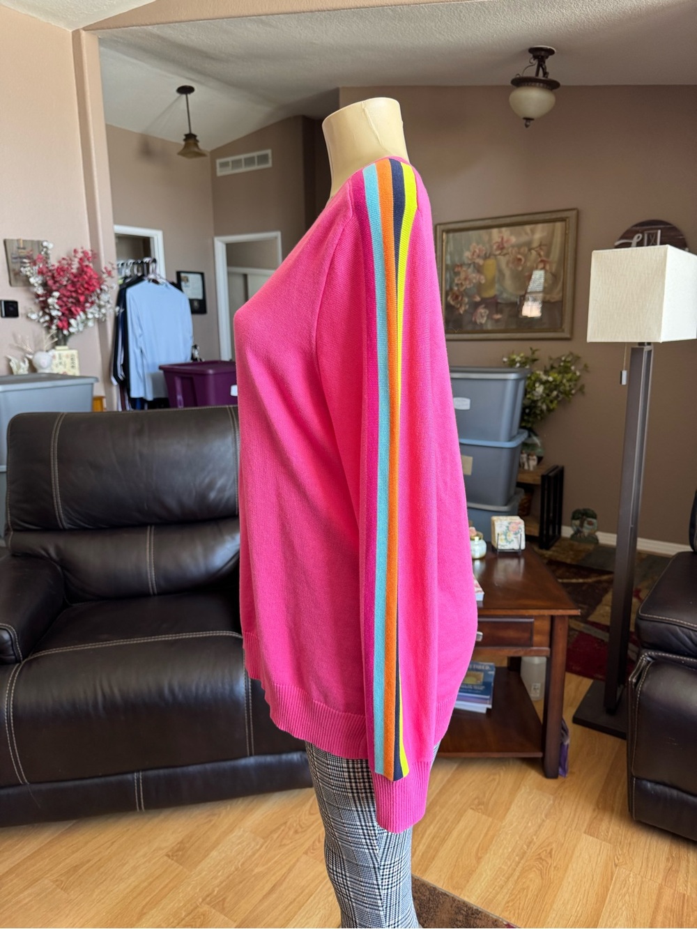 Belle by Kim Gravel Hot Pink Long Sleeve Sweater with Rainbow Sleeve Stripes-L - Picture 3 of 10
